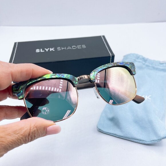 Slyk Shades Abalone Shell Design Polarized Sunglasses Rose Gold Accents Wooden A - Picture 2 of 11